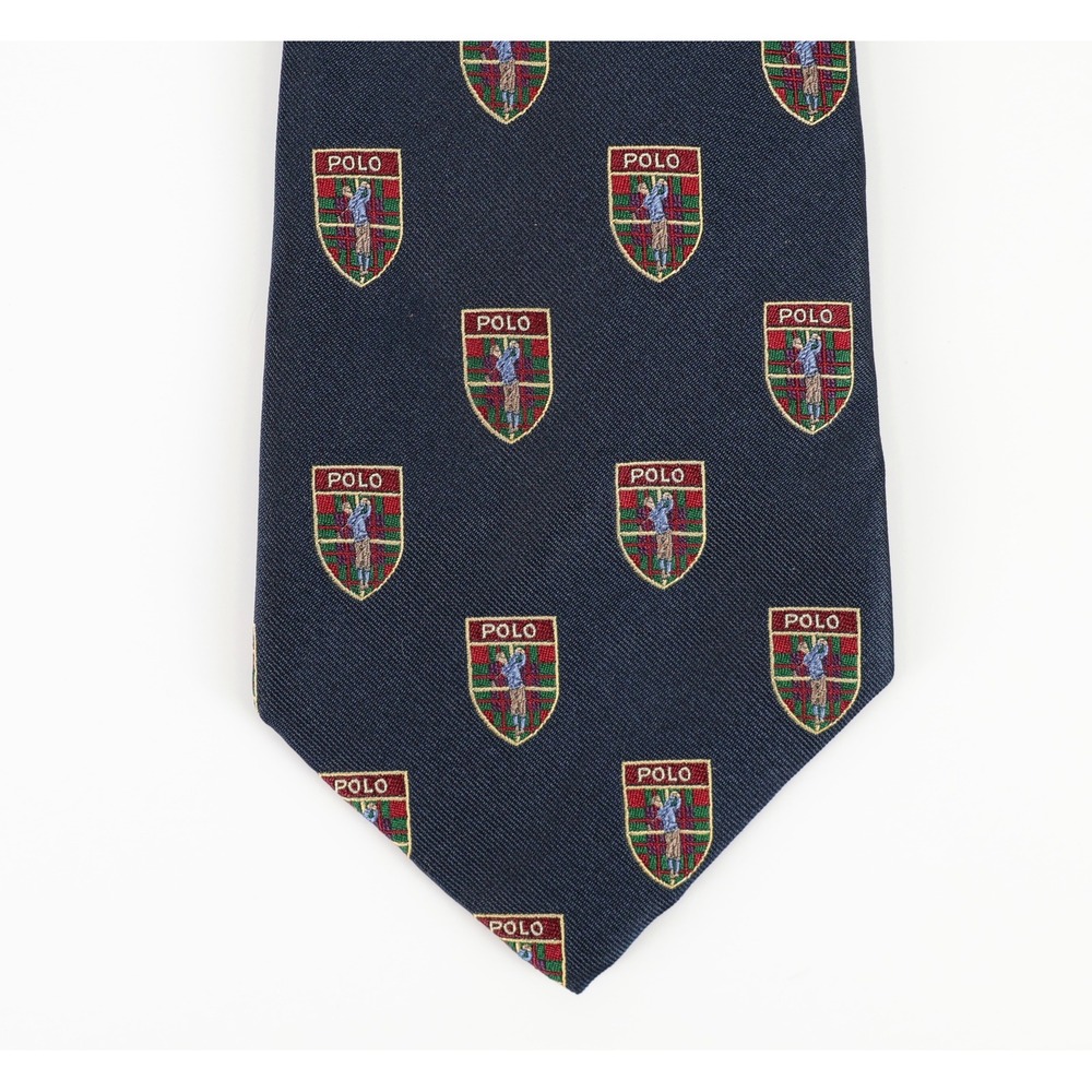 New Polo Ralph Lauren Necktie Navy Blue Silk Golfer Crest Shield USA Vintage - Picture 2 of 9
